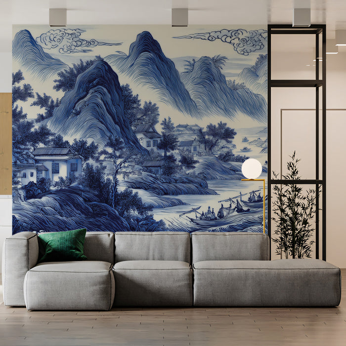 Cobalt Blue Chinoiserie Panoramic Mural | Porcelain Style Seascape Wallpaper