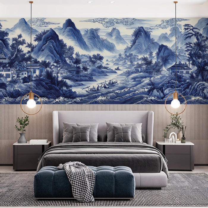 Cobalt Blue Chinoiserie Panoramic Mural | Porcelain Style Seascape Wallpaper