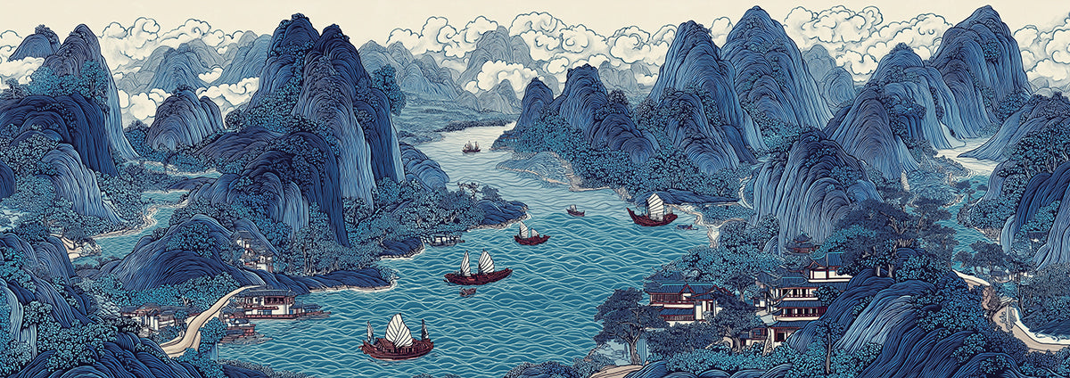 Cobalt Blue Sailboat Chinoiserie Mural | Imperial Oriental Landscape Wallpaper