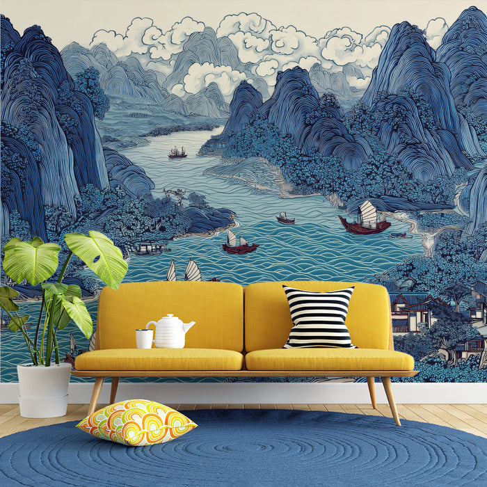 Cobalt Blue Sailboat Chinoiserie Mural | Imperial Oriental Landscape Wallpaper