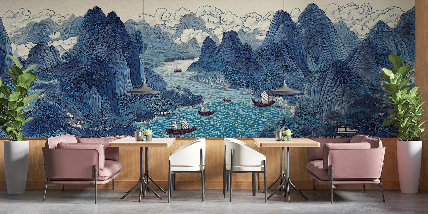 Cobalt Blue Sailboat Chinoiserie Mural | Imperial Oriental Landscape Wallpaper