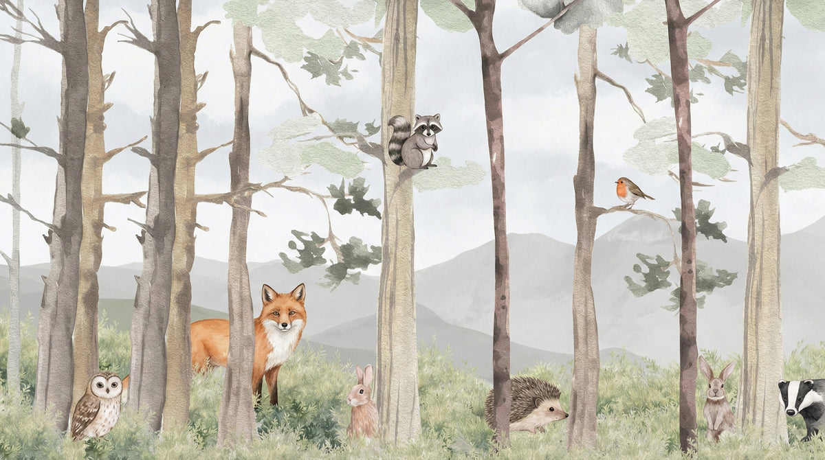Watercolor Woodland Friends Nursery Mural | Soft Pastel Forest Animal Wallpaper