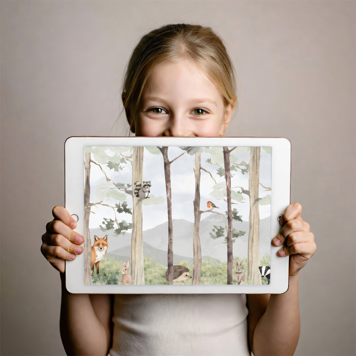 Watercolor Woodland Friends Nursery Mural | Soft Pastel Forest Animal Wallpaper