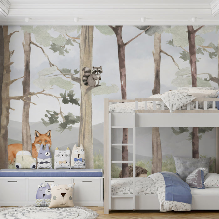 Watercolor Woodland Friends Nursery Mural | Soft Pastel Forest Animal Wallpaper
