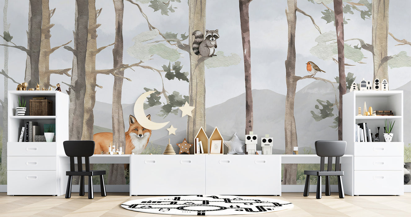 Watercolor Woodland Friends Nursery Mural | Soft Pastel Forest Animal Wallpaper