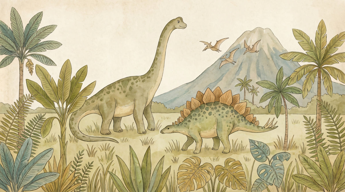 Watercolor Prehistoric Dinosaur Adventure Mural | Playful Educational Kids Wallpaper