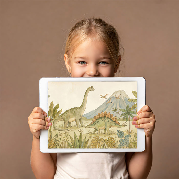 Watercolor Prehistoric Dinosaur Adventure Mural | Playful Educational Kids Wallpaper