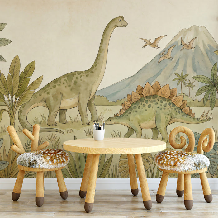Watercolor Prehistoric Dinosaur Adventure Mural | Playful Educational Kids Wallpaper