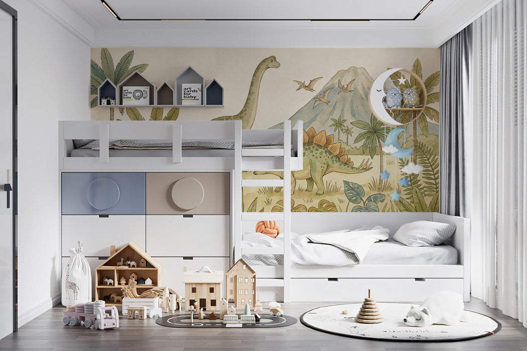 Watercolor Prehistoric Dinosaur Adventure Mural | Playful Educational Kids Wallpaper