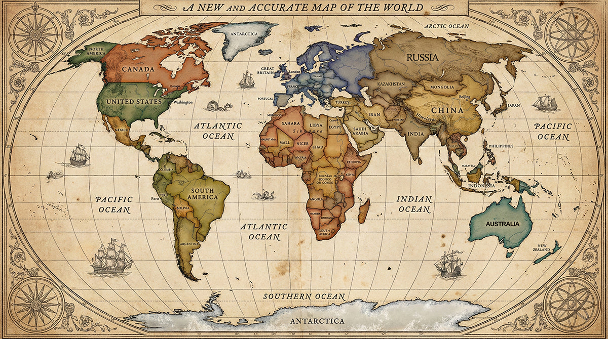 Vintage Explorer Antique World Map Mural | Classic Cartography Educational Wallpaper
