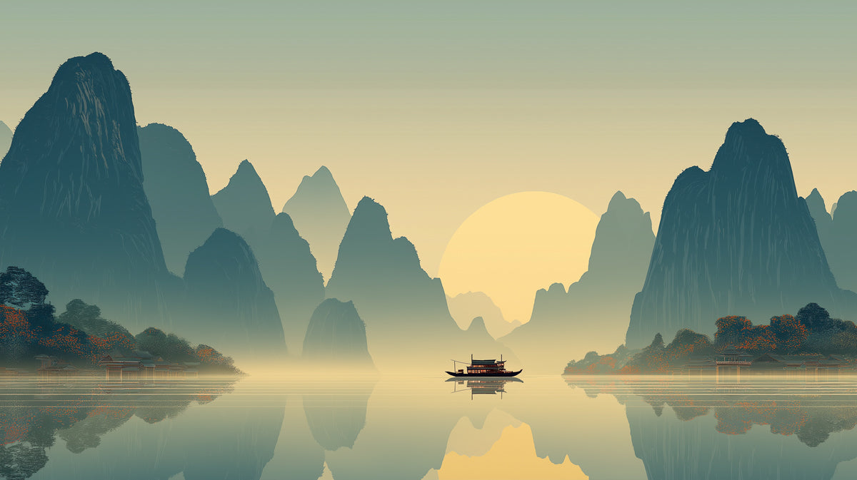 Minimalist Zen Mountain Lake Sunset Mural | Modern Flat Illustration Landscape