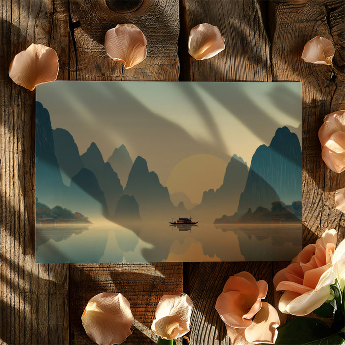 Minimalist Zen Mountain Lake Sunset Mural | Modern Flat Illustration Landscape