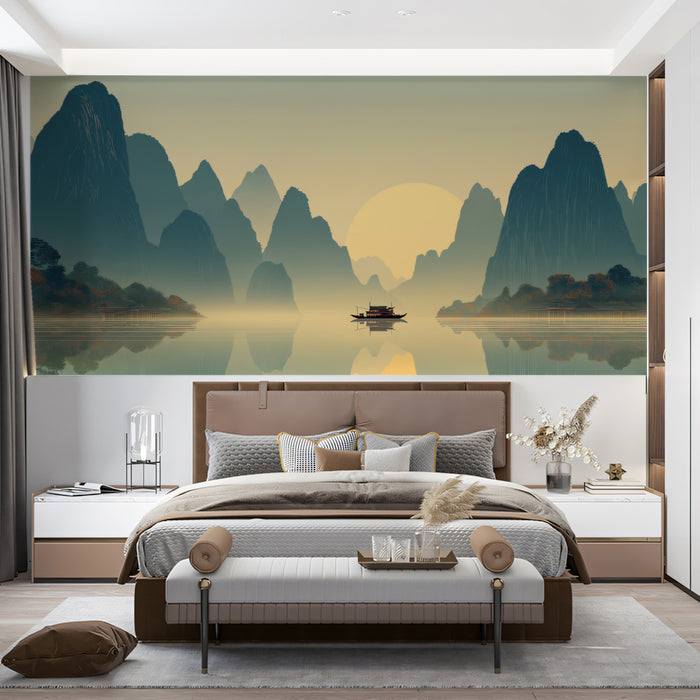 Minimalist Zen Mountain Lake Sunset Mural | Modern Flat Illustration Landscape