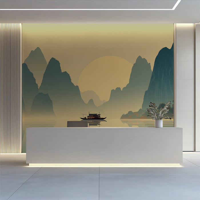 Minimalist Zen Mountain Lake Sunset Mural | Modern Flat Illustration Landscape