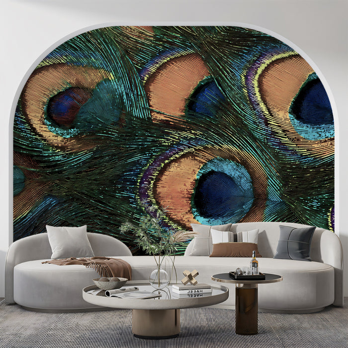 Iridescent Peacock Feather Nature Mural | Vibrant Macro Eye Detail Wallpaper