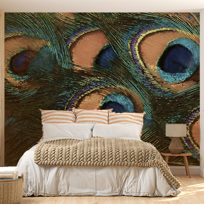 Iridescent Peacock Feather Nature Mural | Vibrant Macro Eye Detail Wallpaper