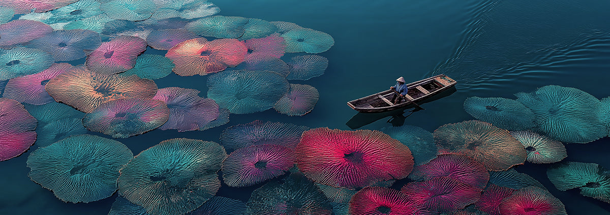 Aerial Colorful Lily Pad Boat Mural | Vibrant Impressionist Water Garden Wallpaper