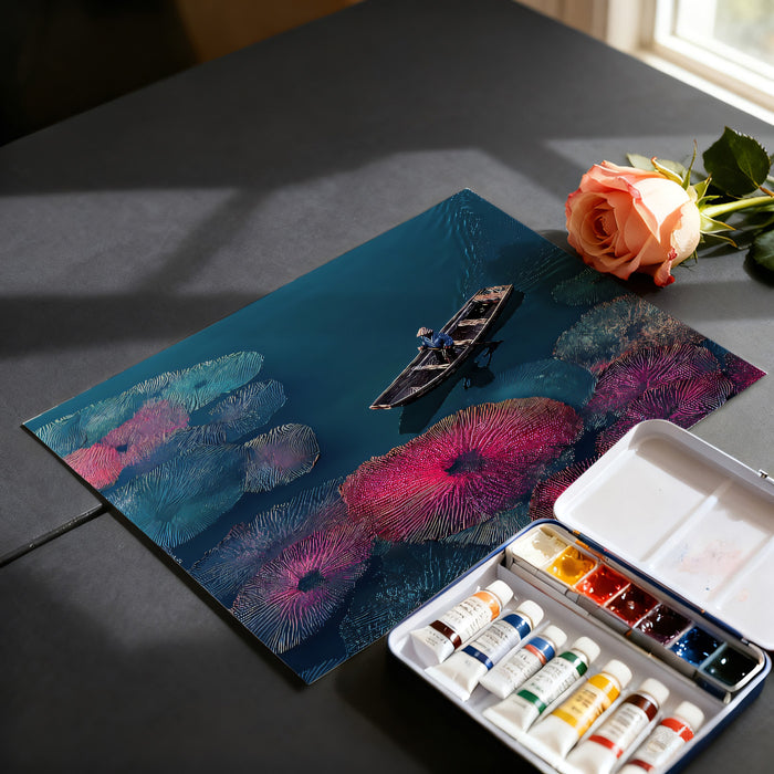 Aerial Colorful Lily Pad Boat Mural | Vibrant Impressionist Water Garden Wallpaper