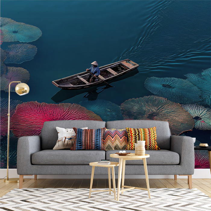 Aerial Colorful Lily Pad Boat Mural | Vibrant Impressionist Water Garden Wallpaper