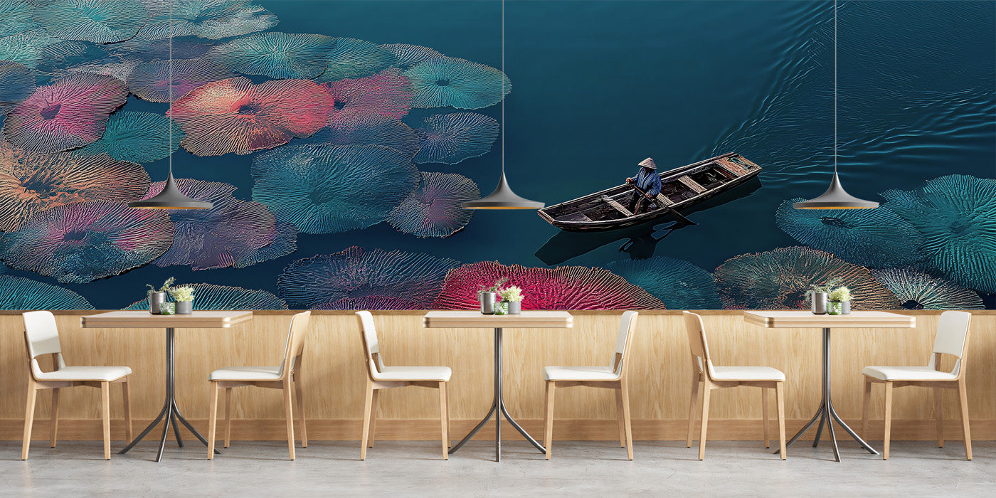 Aerial Colorful Lily Pad Boat Mural | Vibrant Impressionist Water Garden Wallpaper