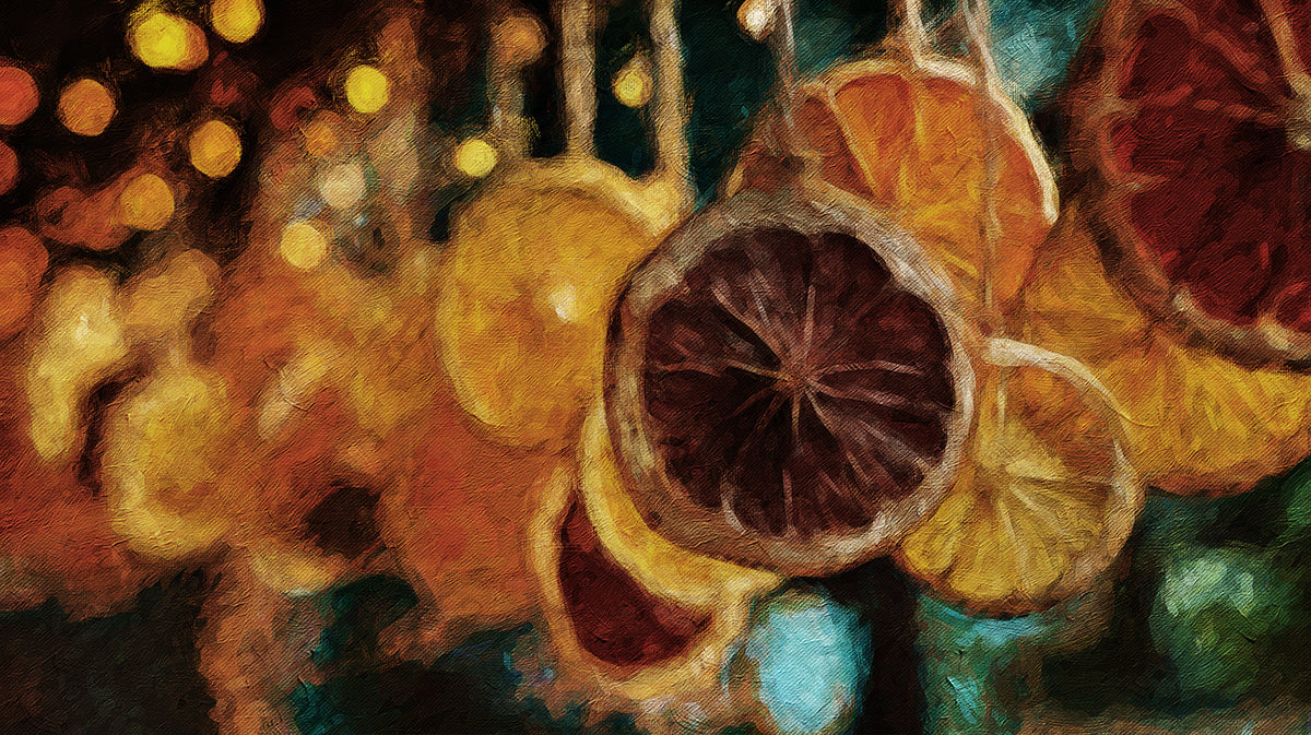 Rustic Dried Orange Slices Bokeh Mural | Warm Farmhouse Kitchen Art Wallpaper