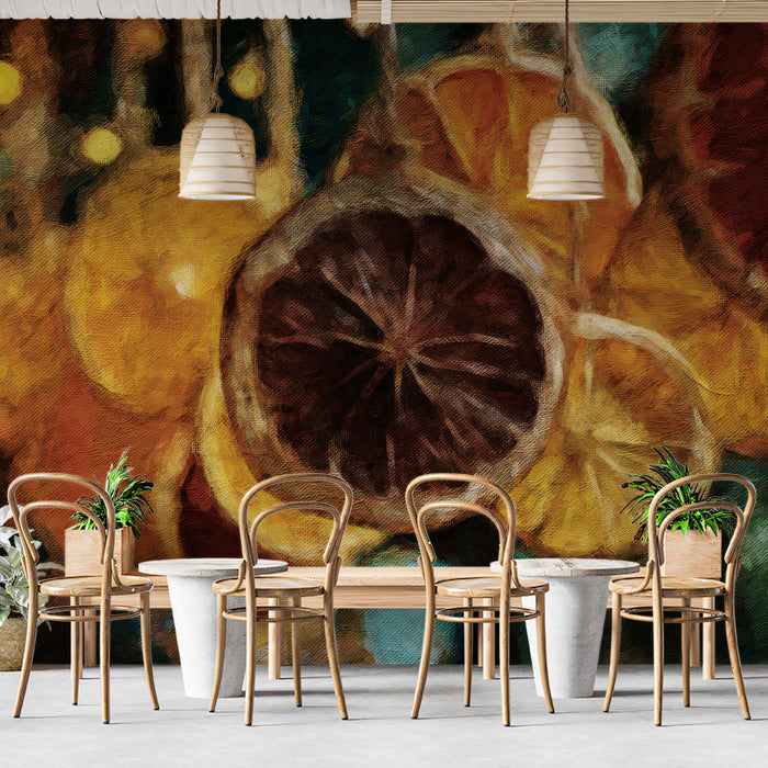 Rustic Dried Orange Slices Bokeh Mural | Warm Farmhouse Kitchen Art Wallpaper