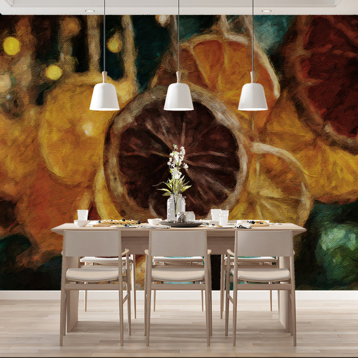 Rustic Dried Orange Slices Bokeh Mural | Warm Farmhouse Kitchen Art Wallpaper