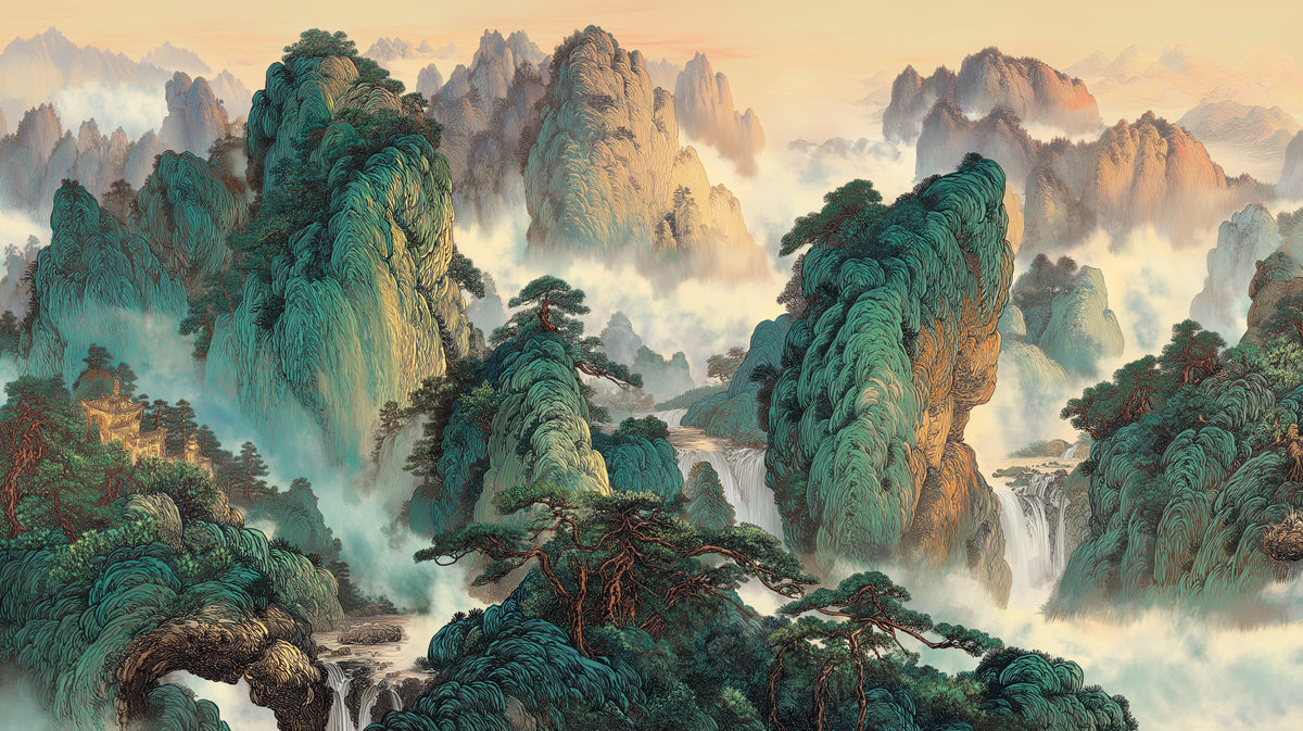 Emerald Peak Chinese Shanshui Landscape Mural | Traditional Zen Nature Wallpaper
