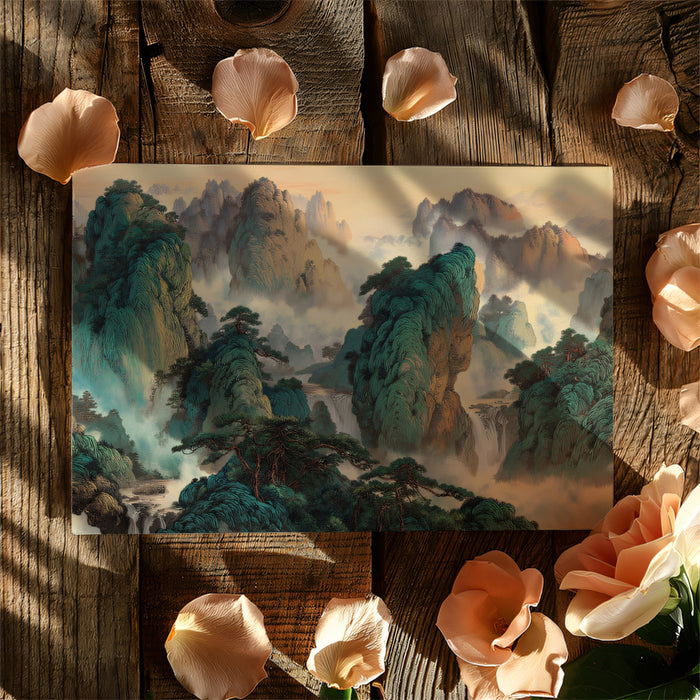 Emerald Peak Chinese Shanshui Landscape Mural | Traditional Zen Nature Wallpaper