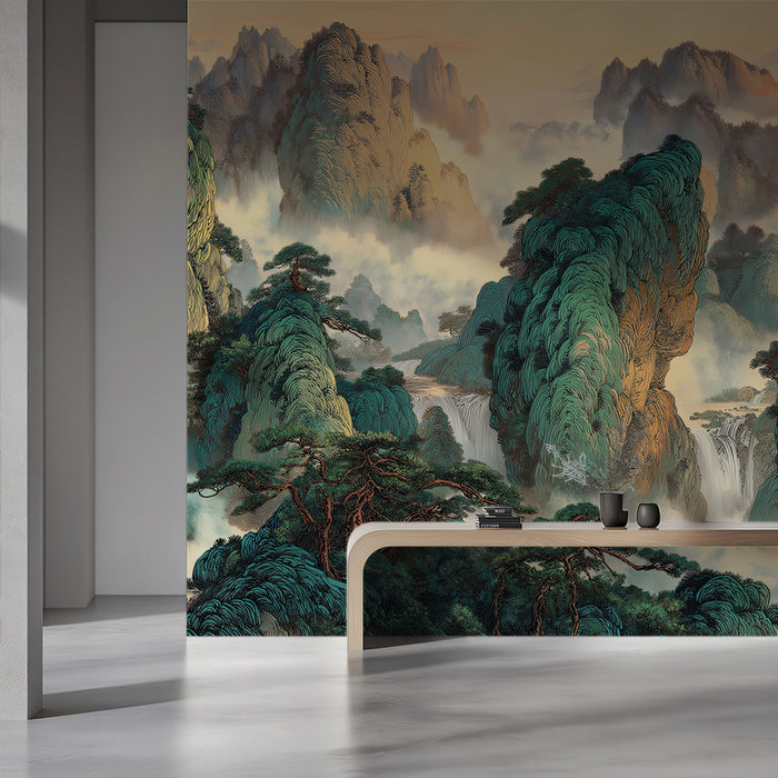 Emerald Peak Chinese Shanshui Landscape Mural | Traditional Zen Nature Wallpaper