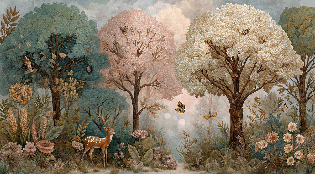 Enchanted Forest Wildlife Illustration Mural | Whimsical Nature Wallpaper