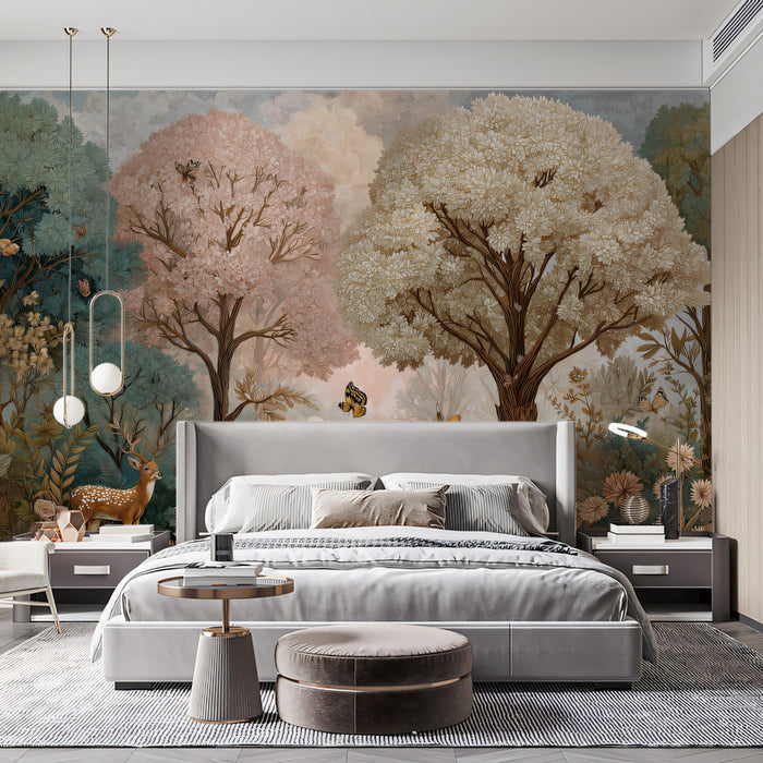 Enchanted Forest Wildlife Illustration Mural | Whimsical Nature Wallpaper