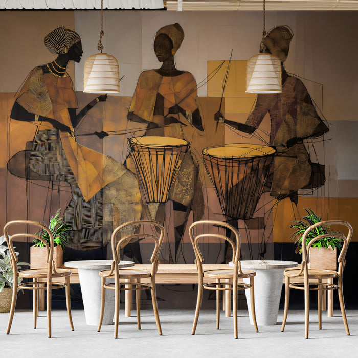 Abstract African Rhythms Drummer Mural | Vibrant Ethnic Geometric Art Wallpaper