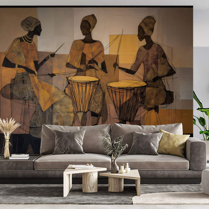 Abstract African Rhythms Drummer Mural | Vibrant Ethnic Geometric Art Wallpaper