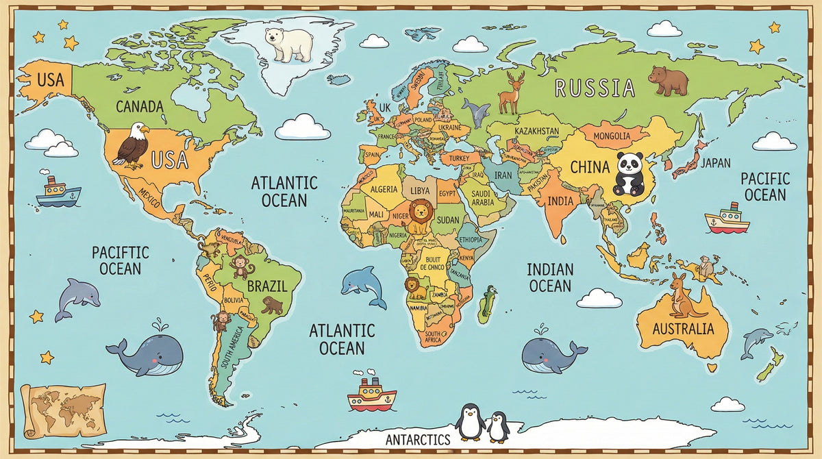 Cartoon Animal World Map Kids Mural | Educational Nursery Exploration Wallpaper