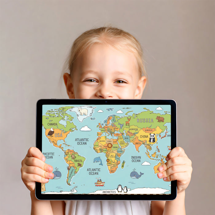 Cartoon Animal World Map Kids Mural | Educational Nursery Exploration Wallpaper