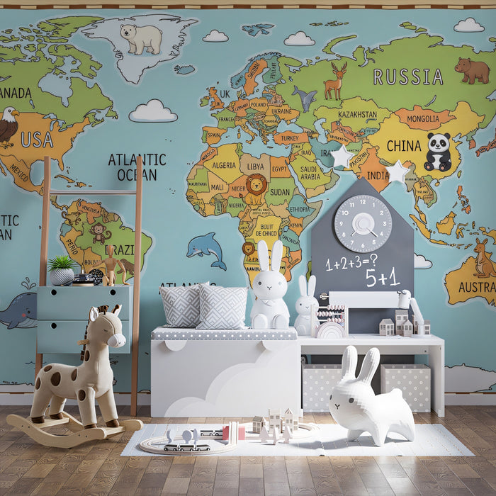 Cartoon Animal World Map Kids Mural | Educational Nursery Exploration Wallpaper