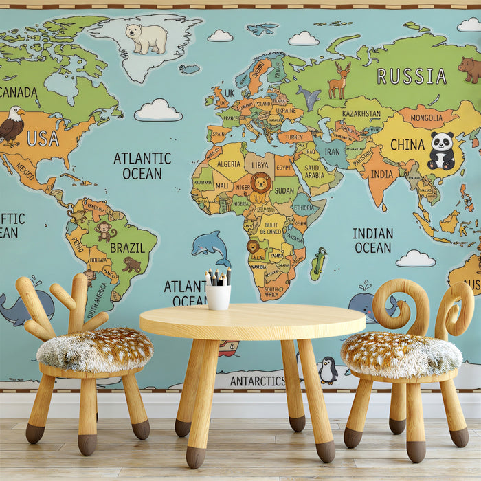 Cartoon Animal World Map Kids Mural | Educational Nursery Exploration Wallpaper
