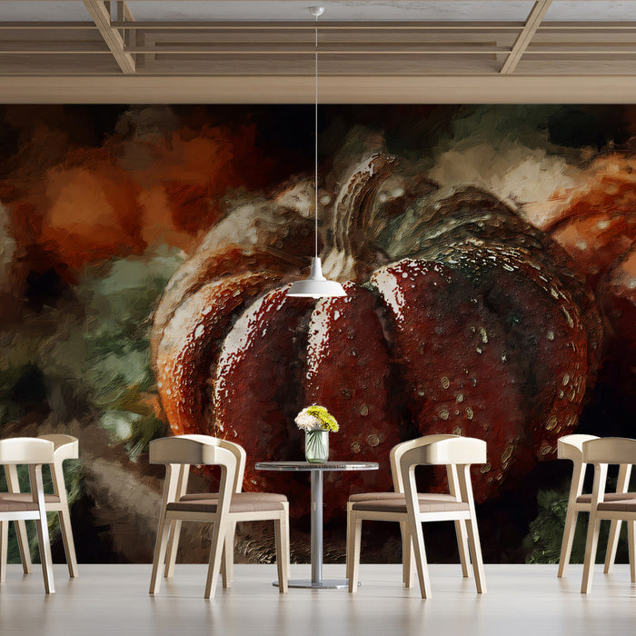 Rustic Harvest Pumpkin Oil Painting Mural | Warm Farmhouse Seasonal Art Wallpaper