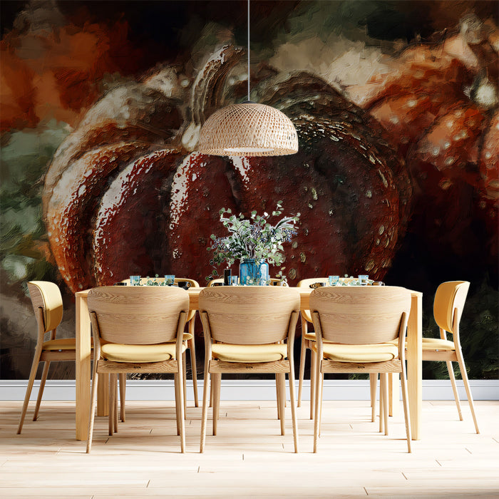 Rustic Harvest Pumpkin Oil Painting Mural | Warm Farmhouse Seasonal Art Wallpaper