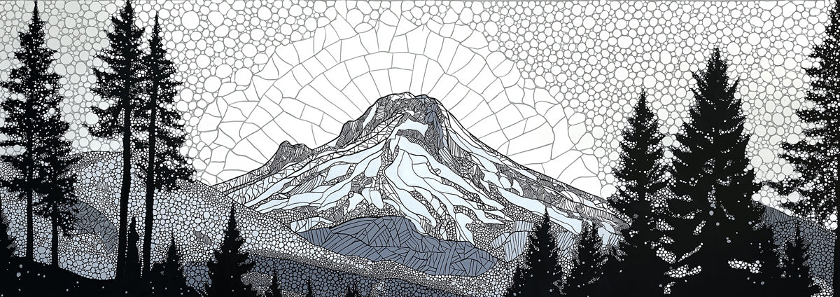 Stained Glass Mountain Peak Mural | Monochrome Mosaic Landscape Wallpaper