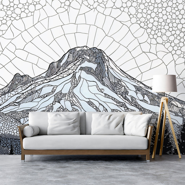 Stained Glass Mountain Peak Mural | Monochrome Mosaic Landscape Wallpaper