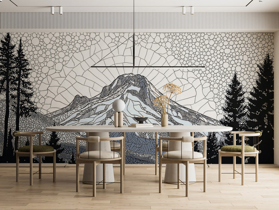 Stained Glass Mountain Peak Mural | Monochrome Mosaic Landscape Wallpaper