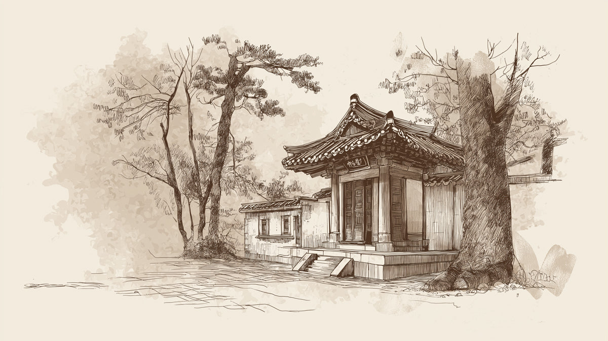 Sepia Architectural Sketch Mural | Traditional Asian Temple Art Wallpaper
