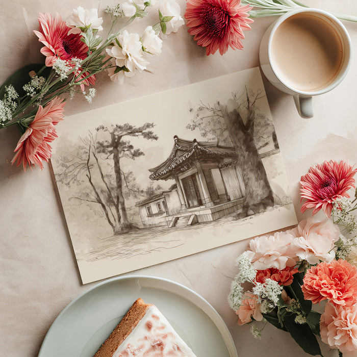 Sepia Architectural Sketch Mural | Traditional Asian Temple Art Wallpaper