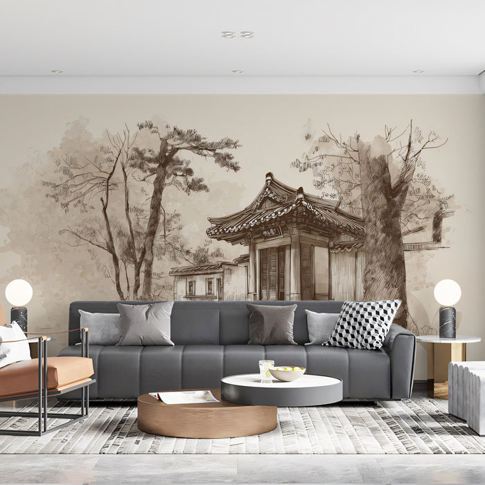 Sepia Architectural Sketch Mural | Traditional Asian Temple Art Wallpaper