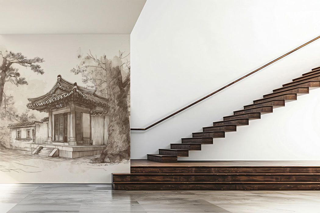 Sepia Architectural Sketch Mural | Traditional Asian Temple Art Wallpaper