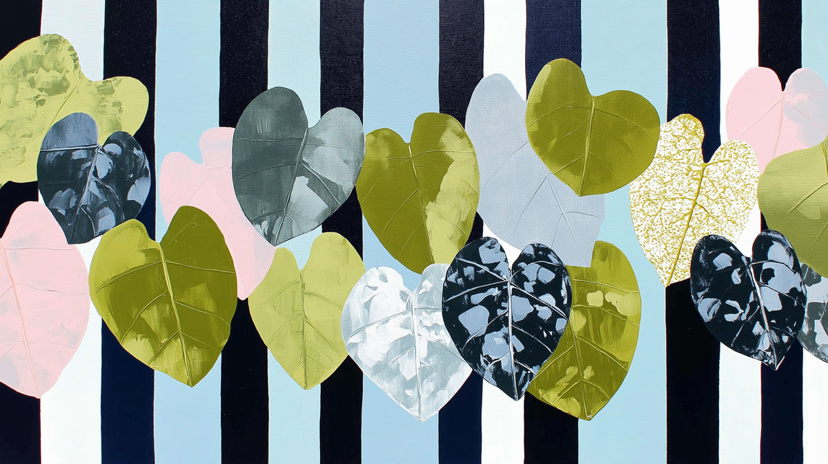 Abstract Heart Leaf Mural | Modern Navy and Light Blue Striped Wallpaper