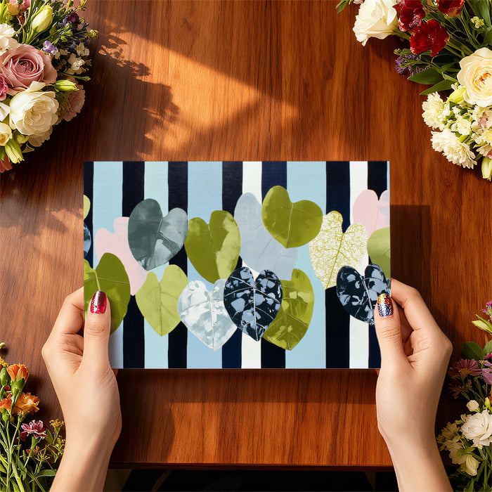 Abstract Heart Leaf Mural | Modern Navy and Light Blue Striped Wallpaper