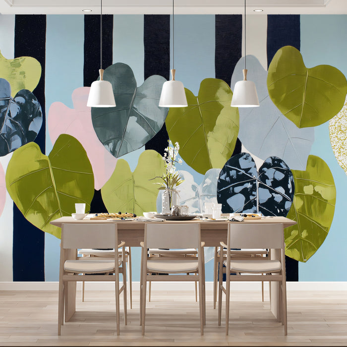 Abstract Heart Leaf Mural | Modern Navy and Light Blue Striped Wallpaper